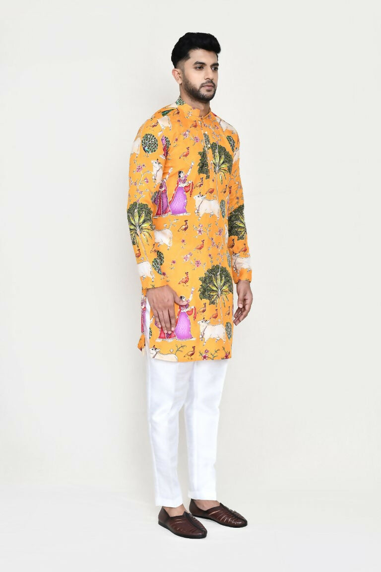 Joban Fashion White Colored Rayon Based With Modal Hand Print Work Fabric Kurta,Straight Fit Pant | Grocsy