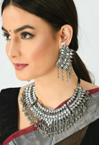 Mominos Fashion Johar Kamal Oxidised Silver-Plated Brass Finish Kundan Necklace For Women (Silver) | Grocsy