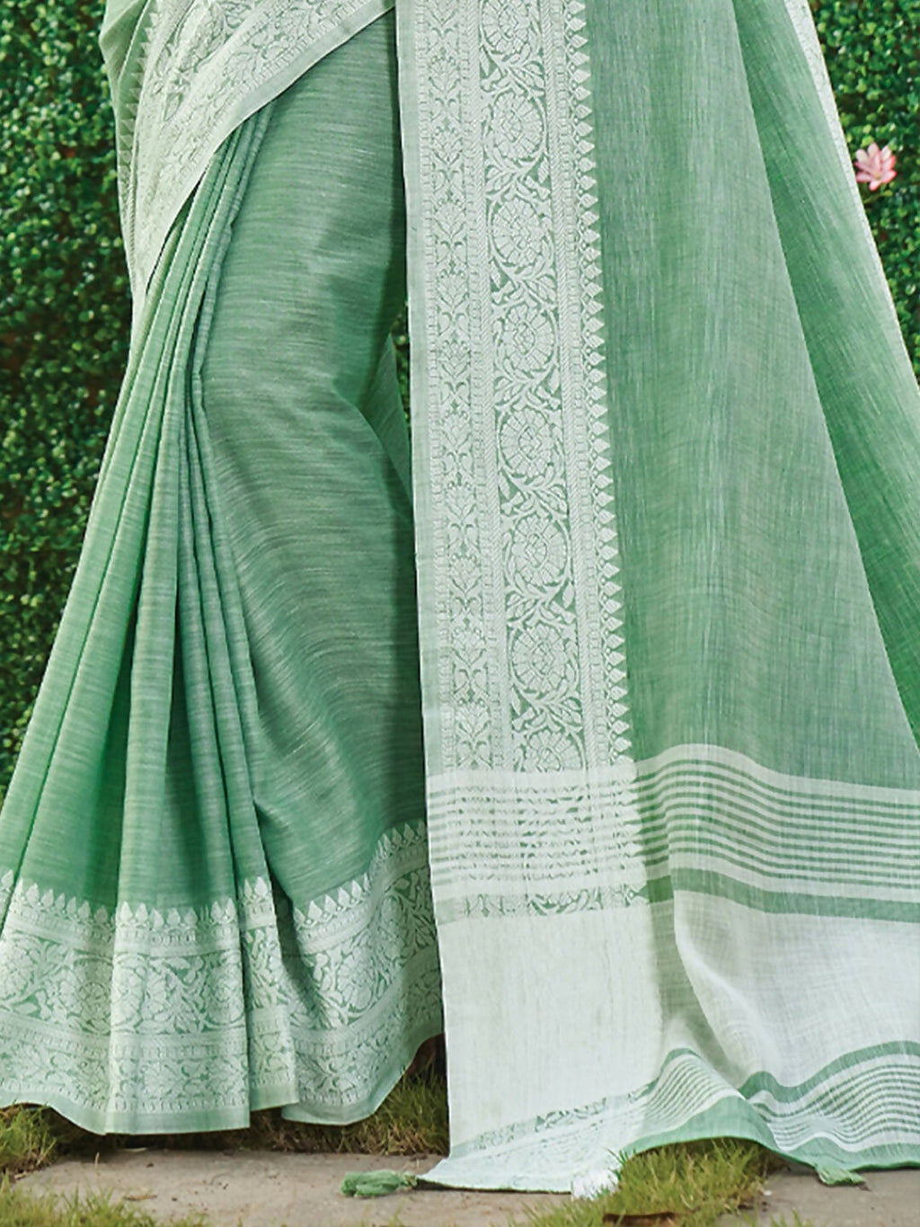 Shree Shyam Fashion Rama Green Linen Saree | Grocsy