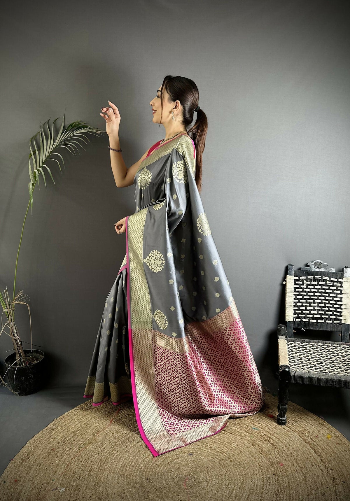 Joban Fashion Grey Woven Butti Soft Silk Banarasi Silk Saree | Grocsy