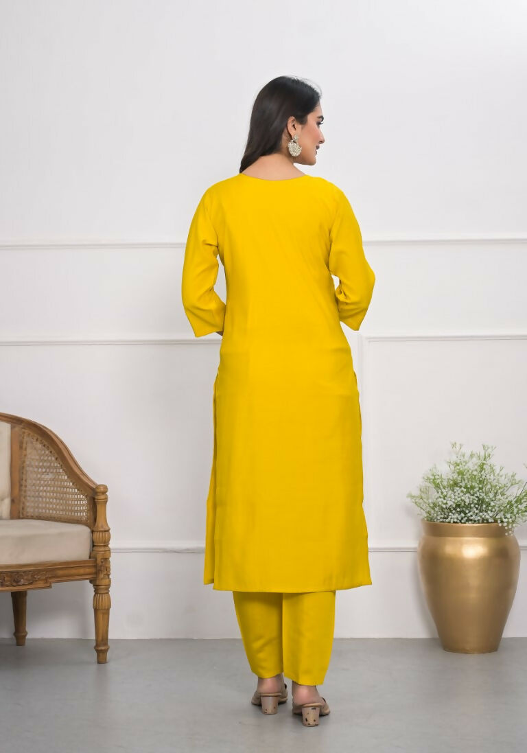 Yellow Viscose Silk Embroidery with Thread and sequence Stitched Suit With Dupatta - Tanisha | Grocsy