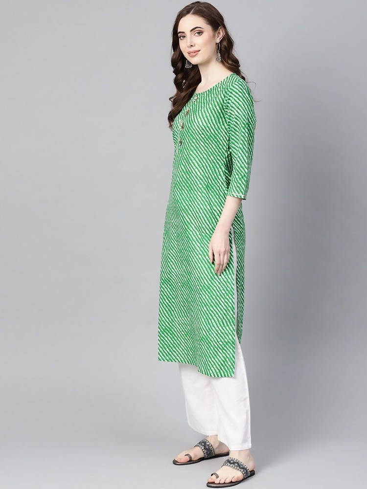 Yufta Women Green & Off-White Leheriya Dyed Straight Kurta | Grocsy