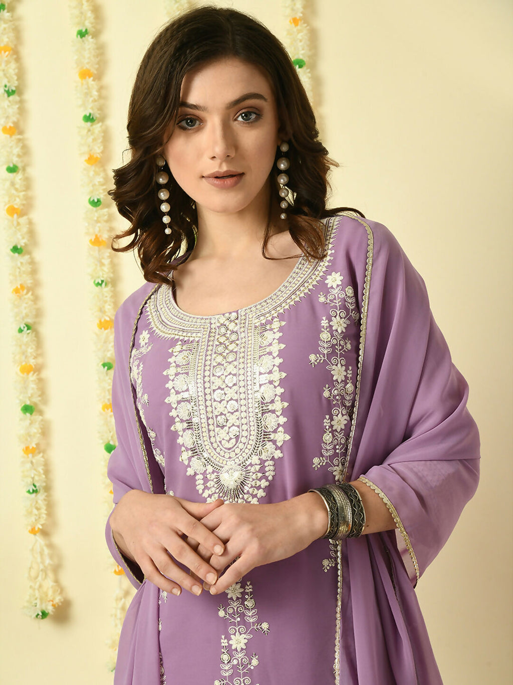 Myshka Women's Purple Georgette Kurta & Skirt With Dupatta Party Sets | Grocsy