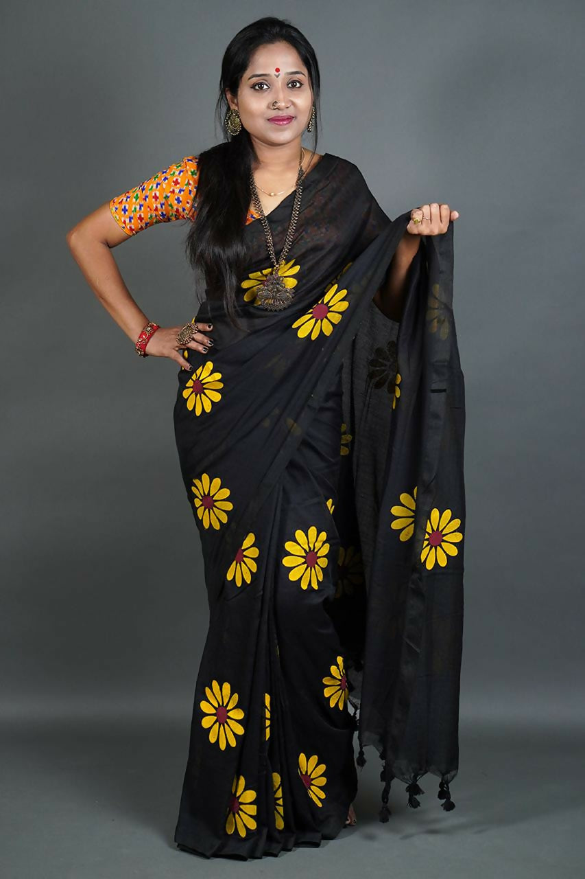 Exclusive Collection Black Pure Cotton Saree With Sunflower Design | Grocsy