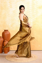 Piyari Fashion Women's Gold Dual Tone Organic Tissue Saree With Blouse Piece | Grocsy