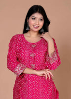Miravan Women's Plus Size Pink Bandhani Pakistani Straight Kurti | Grocsy