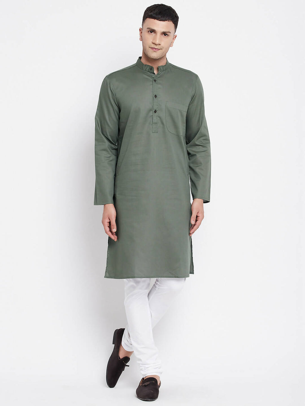 Even Apparels Green Color Linen Men's Kurta With Band Collar | Grocsy