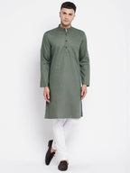 Even Apparels Green Color Linen Men's Kurta With Band Collar | Grocsy
