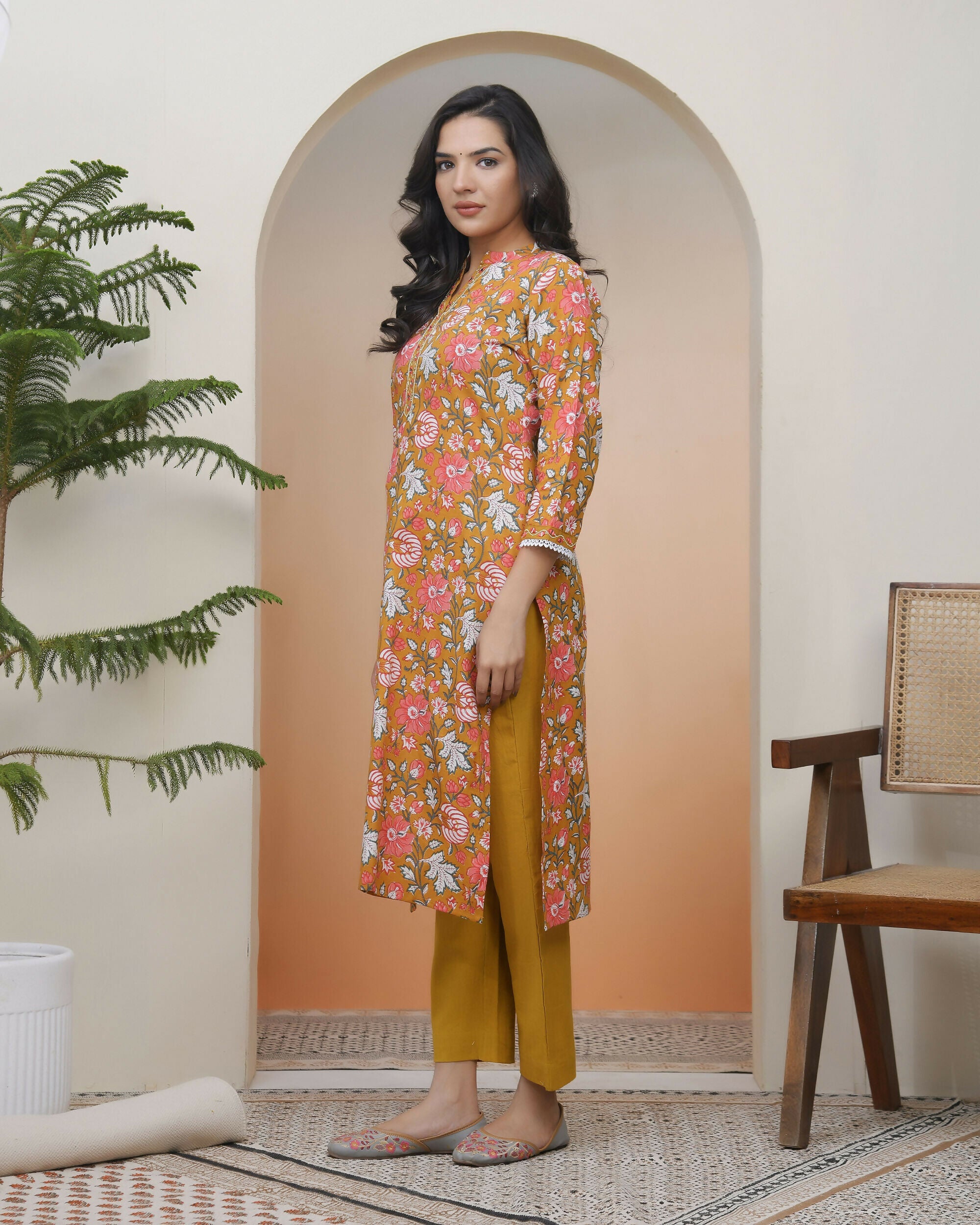 Vaasva Women Mustard Cotton Printed Straight Kurti With Pant | Grocsy