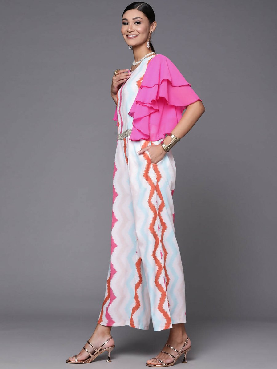Ahalyaa White & Pink Zig Zag Striped Basic Jumpsuit | Grocsy