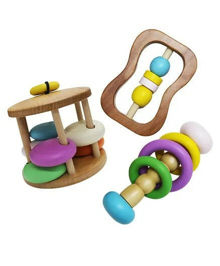 Matoyi Colorful Wooden Rattles For Babies - Set of 3 | Grocsy