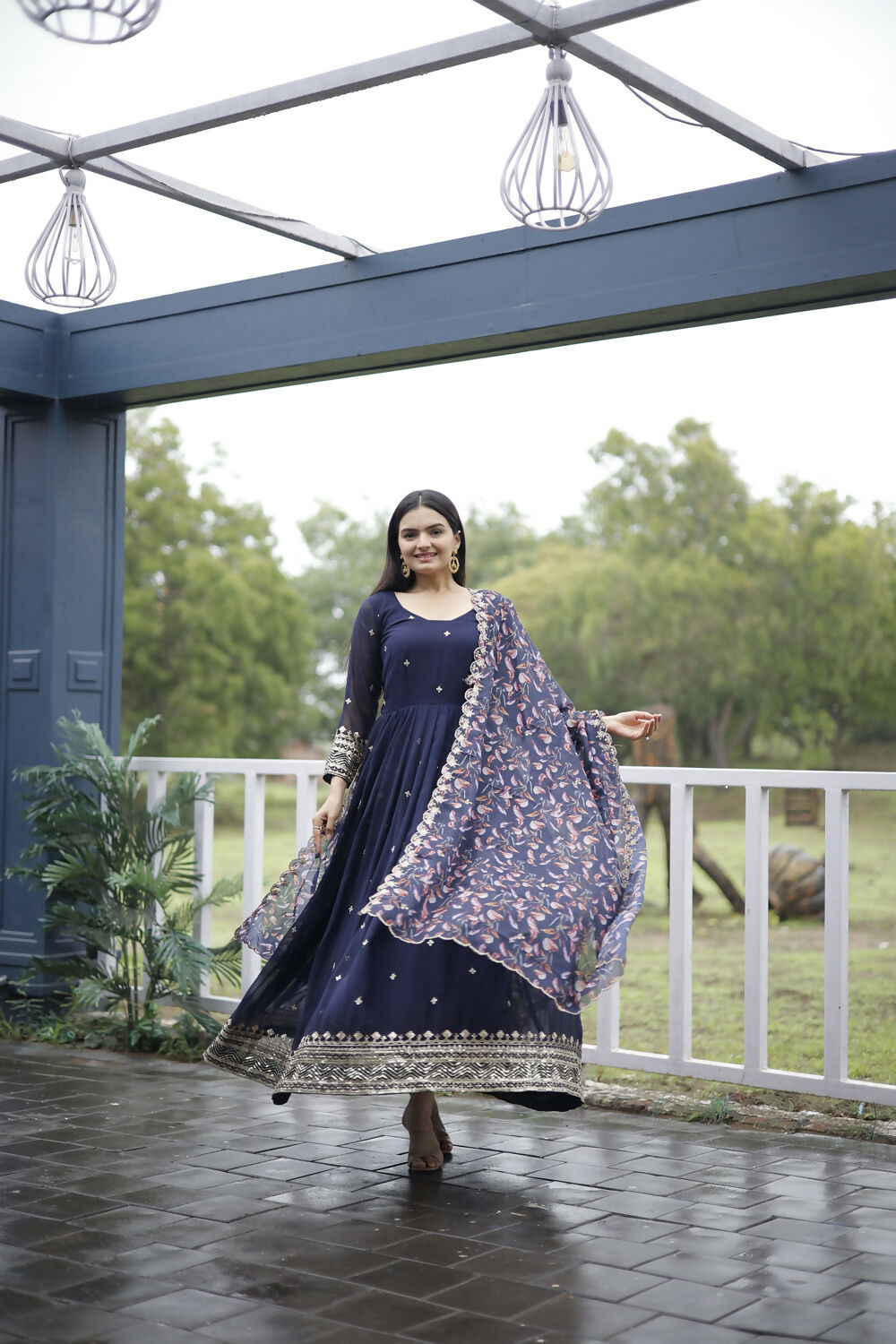 Aayaa Designer Embroidery Zari Sequins-Work Faux Blooming Georgette Suit - Navy Blue | Grocsy