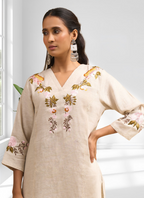 Joban Fashion Beige Linen Embroidered Readymade Long Kurta With Pant | Grocsy