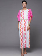 Ahalyaa White & Pink Zig Zag Striped Basic Jumpsuit | Grocsy