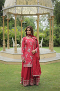 Vastranavya Premium Designer Printed With Sequins & Thread Embroidered work Kurti Palazzo & Dupatta - Red | Grocsy