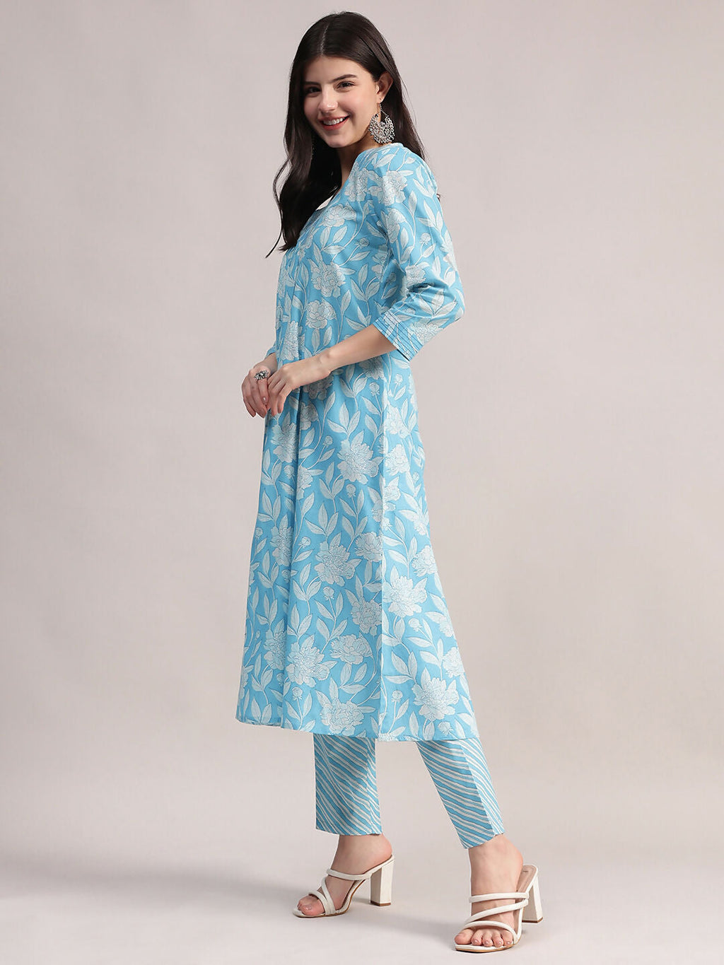 Aavyora Women's Sky Blue Floral Printed A-Line Kurta with Pintucks, Striped Pants & Dupatta Set | Grocsy