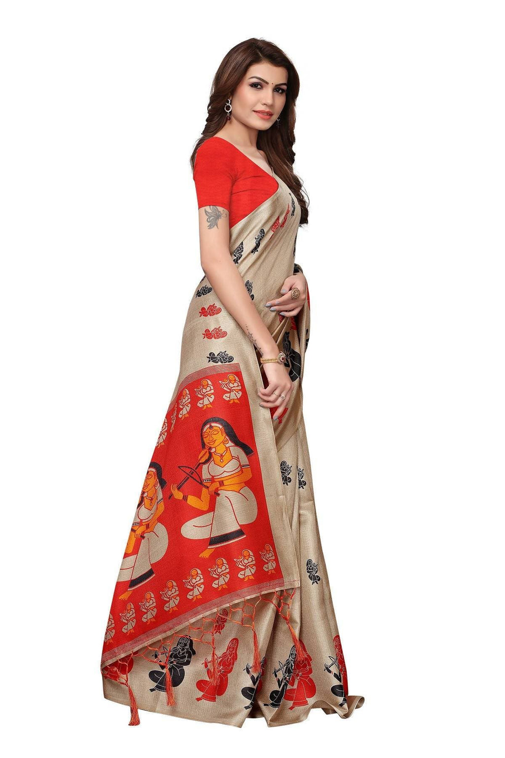 Vamika Chiku & Red Kalamkari With Jhalar Khadi Silk Saree | Grocsy