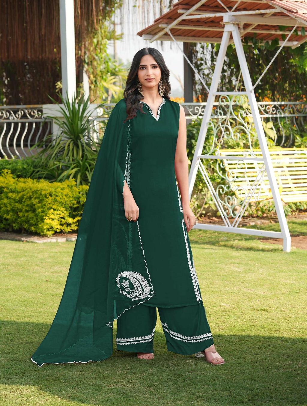 Nikhaar Dark Green Embroidered Modal Silk Stitched Straight Cut Kurta Culottes Dupatta Readymade Suit | Grocsy
