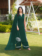 Nikhaar Dark Green Embroidered Modal Silk Stitched Straight Cut Kurta Culottes Dupatta Readymade Suit | Grocsy