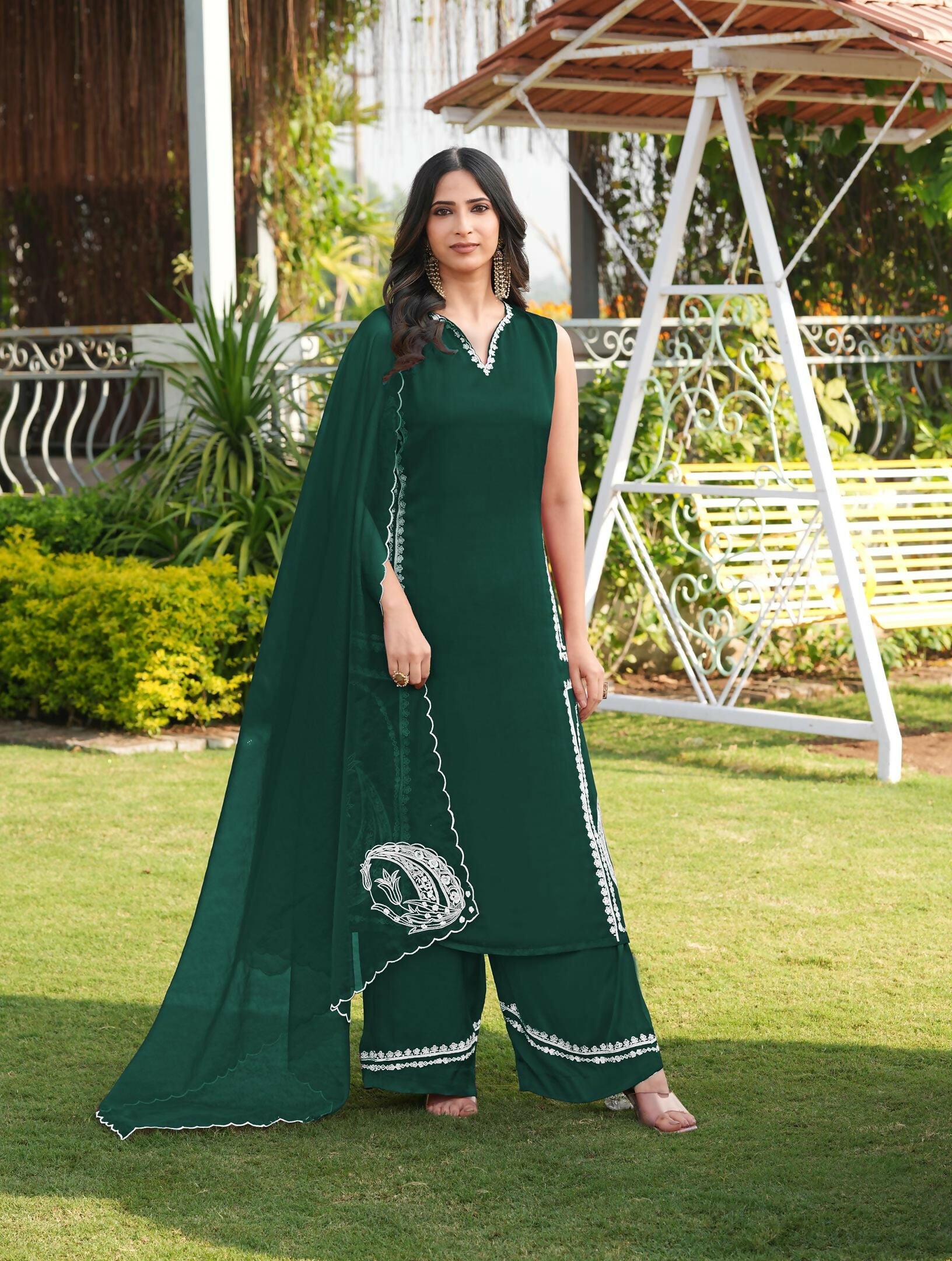 Nikhaar Dark Green Embroidered Modal Silk Stitched Straight Cut Kurta Culottes Dupatta Readymade Suit | Grocsy