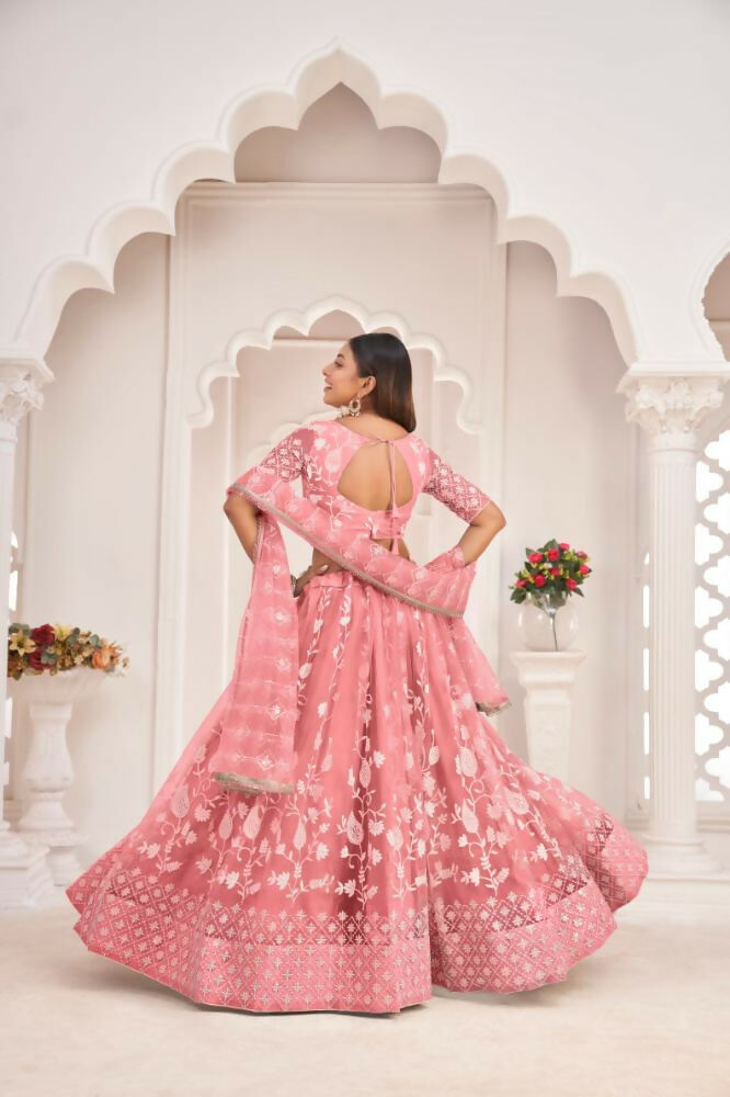 Aastha Fashion Gajari Butterfly Net White Cotton Thread Work, Zari Work And Sandwich Sequence Work Embroidery Wedding Wear Lehenga Choli | Grocsy