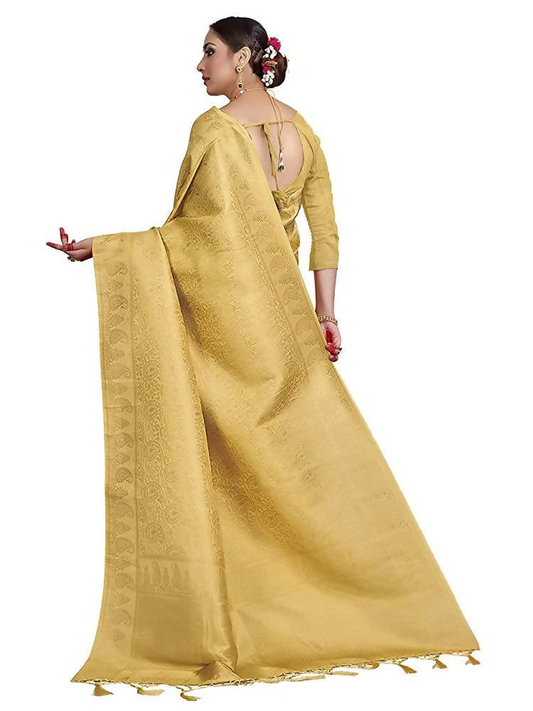 Vardha Women's Beige Color Kanchipuram Raw Silk Saree with Unstitched Blouse Piece | Grocsy
