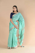 Very Much Indian Handloom Cotton Silk Maheshwari Saree With Sleek Golden Border - Teal Green | Grocsy