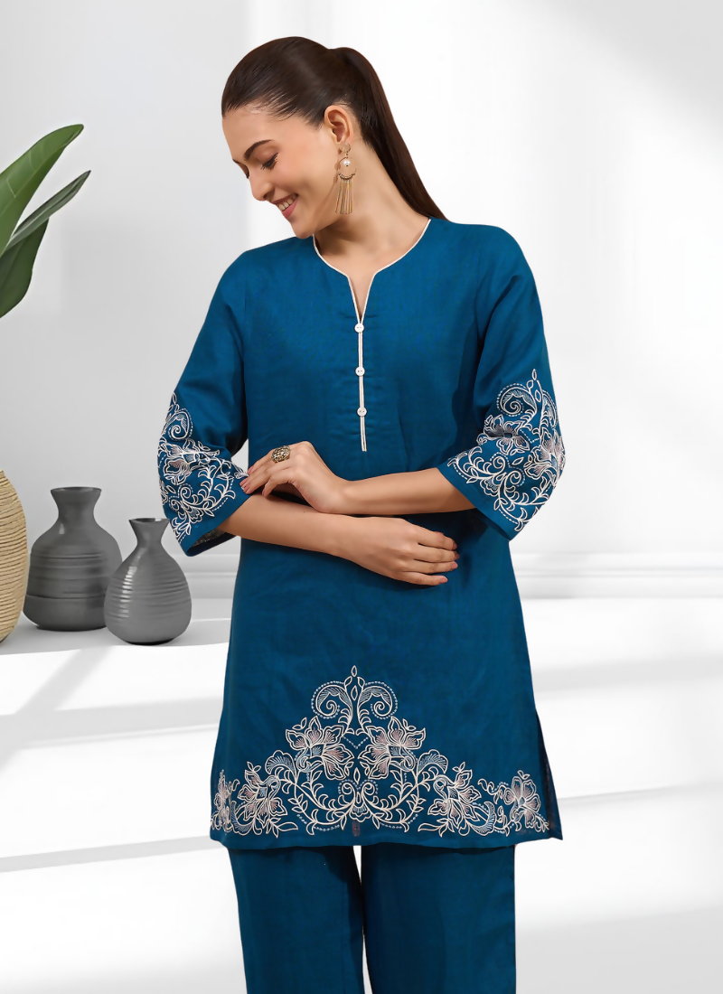 Joban Fashion Teal Linen Embroidered Readymade Cord Set | Grocsy