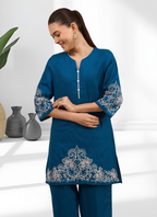 Joban Fashion Teal Linen Embroidered Readymade Cord Set | Grocsy