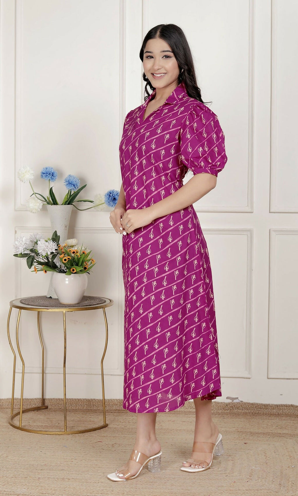 Miravan Womens Magenta Floral Printed Cotton Dress With One Side Pocket | Grocsy