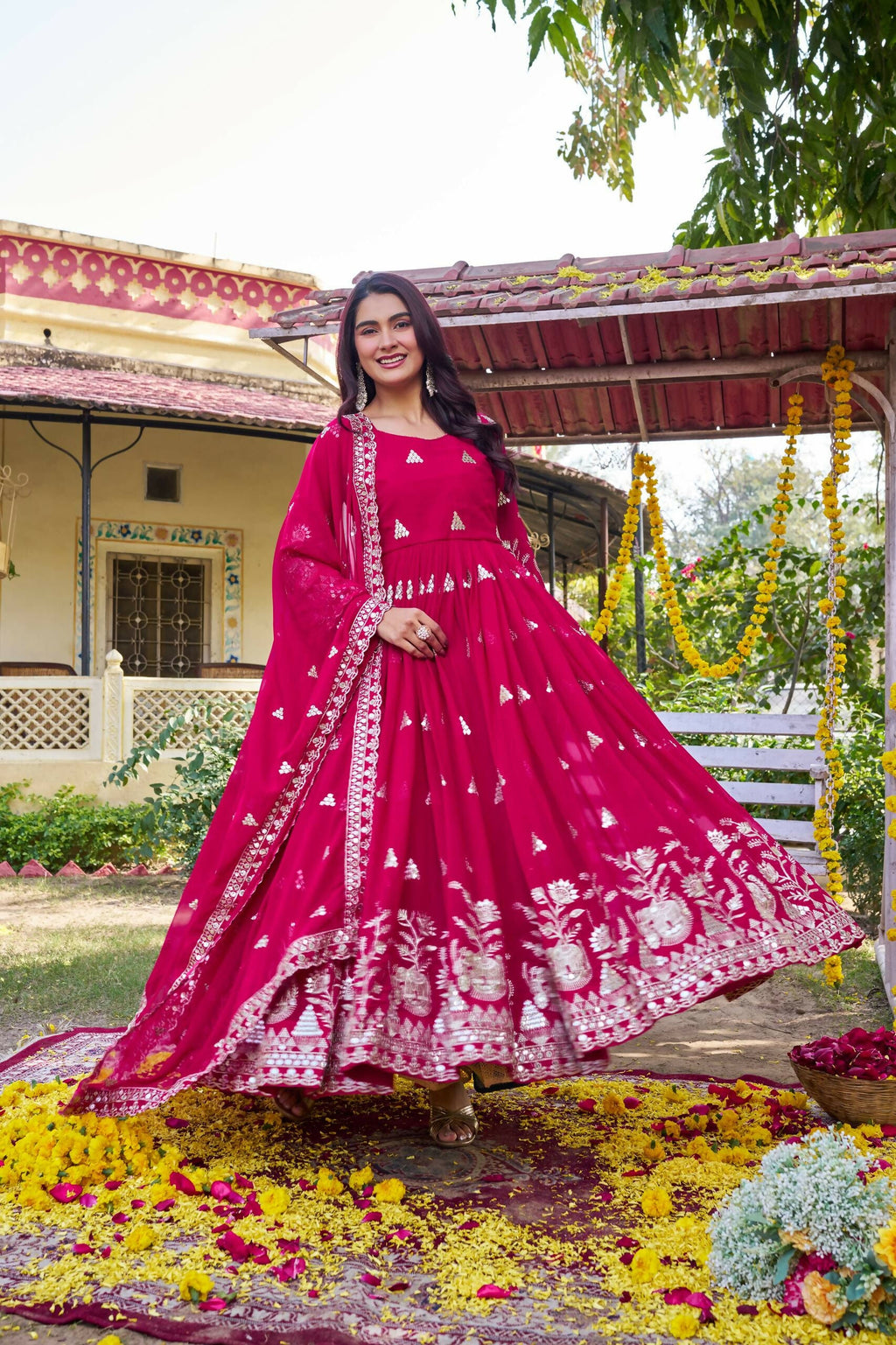 Teeya Creation Womens Casual Party Wear Heavy 7mm Sequence Embroidery Work Pink Gown Set | Grocsy