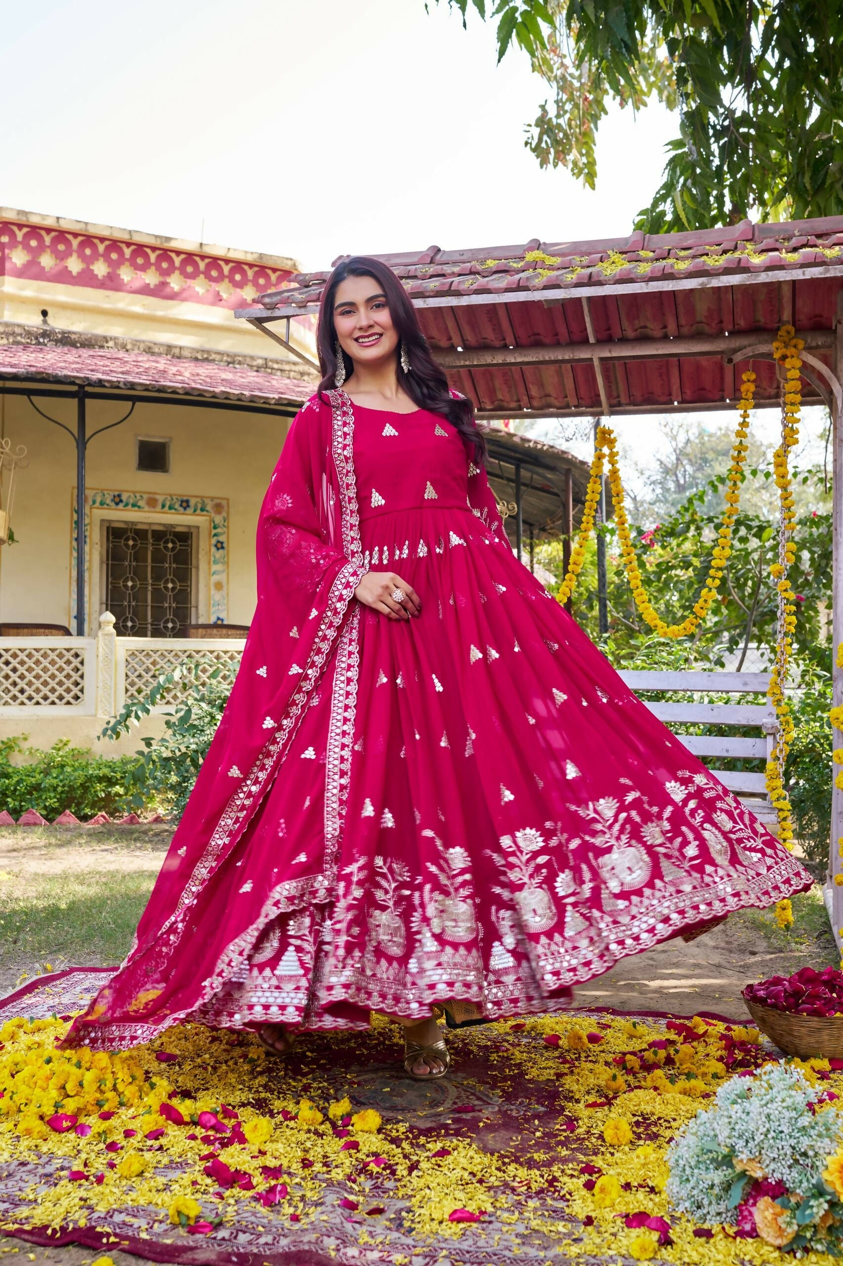 Teeya Creation Womens Casual Party Wear Heavy 7mm Sequence Embroidery Work Pink Gown Set | Grocsy