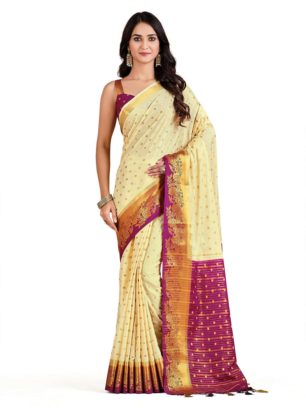 Mimosa Women's Beige Mysore Silk Crepe Saree | Grocsy