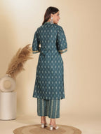 Aramya Blue Soft Cotton Block Print Straight Kurta Set for Women | Grocsy