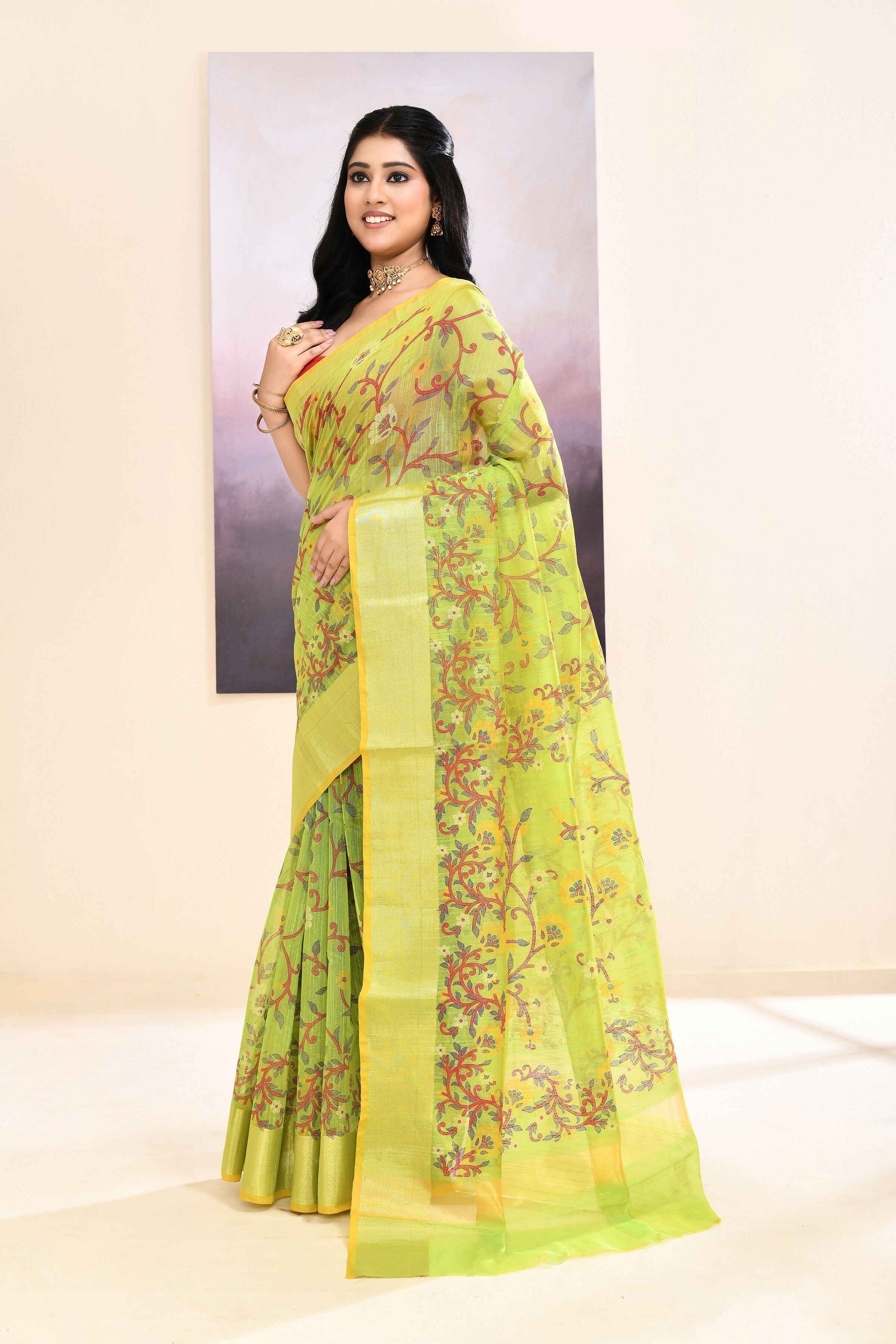 Piyari Fashion Women's Olive Embellished Cotton Blend Printed Saree | Grocsy