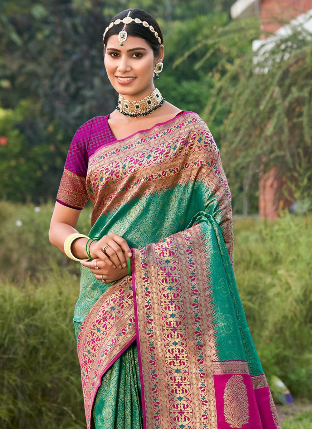 Shree Shyam Fashion Rama Green Banarasi Silk Saree | Grocsy