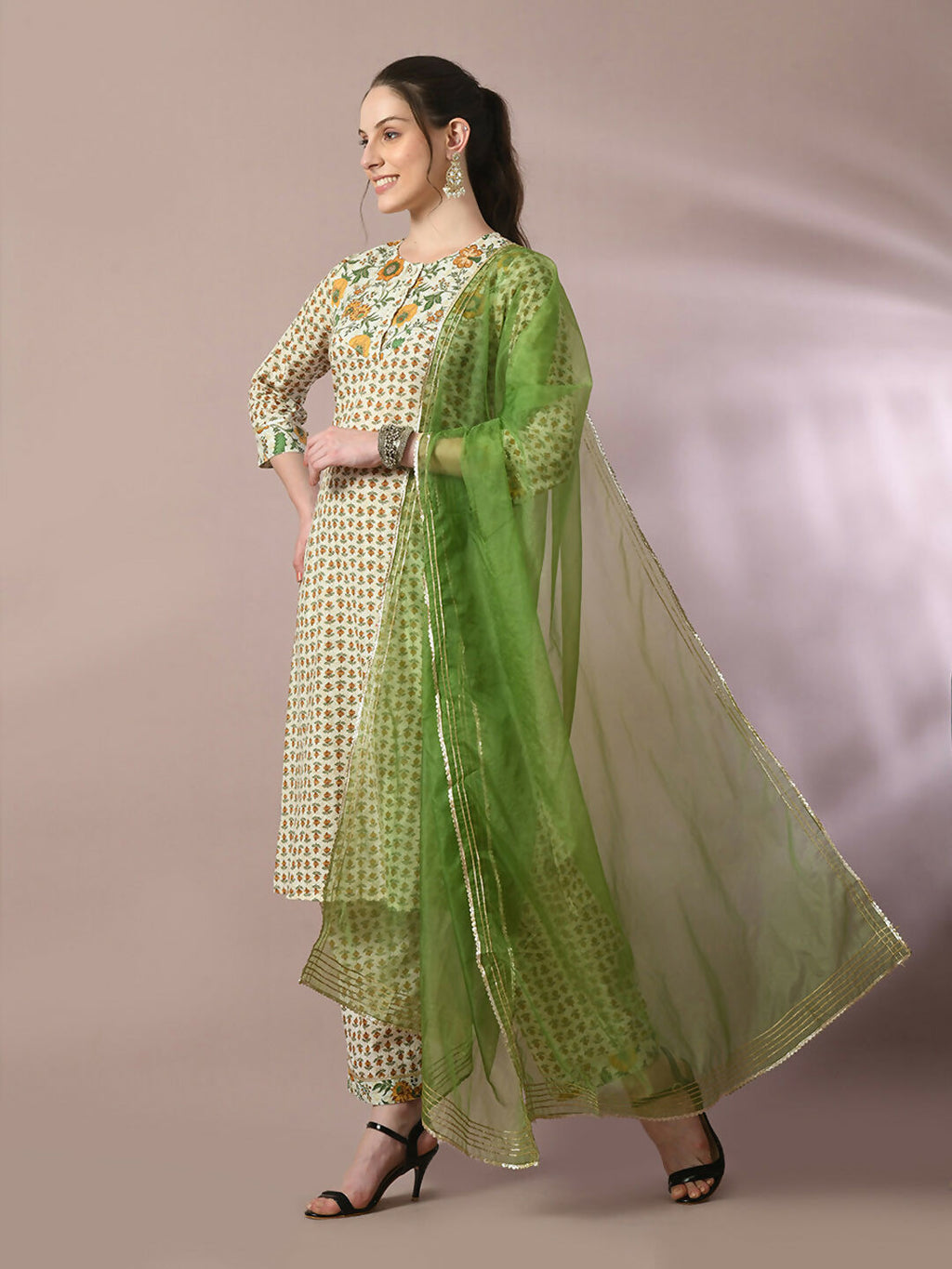 Myshka Women's Multi Printed Cotton Straight Party Kurta Set With Dupatta | Grocsy