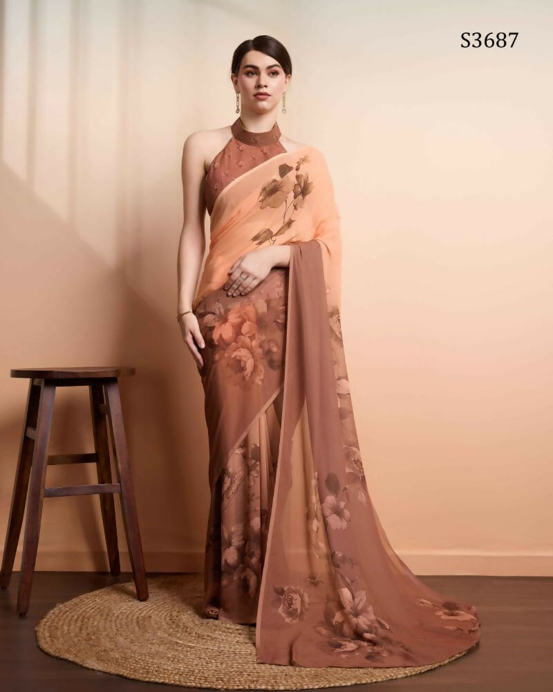 Brown Georgette Designer Printed Party Wear Saree - Cinderella | Grocsy