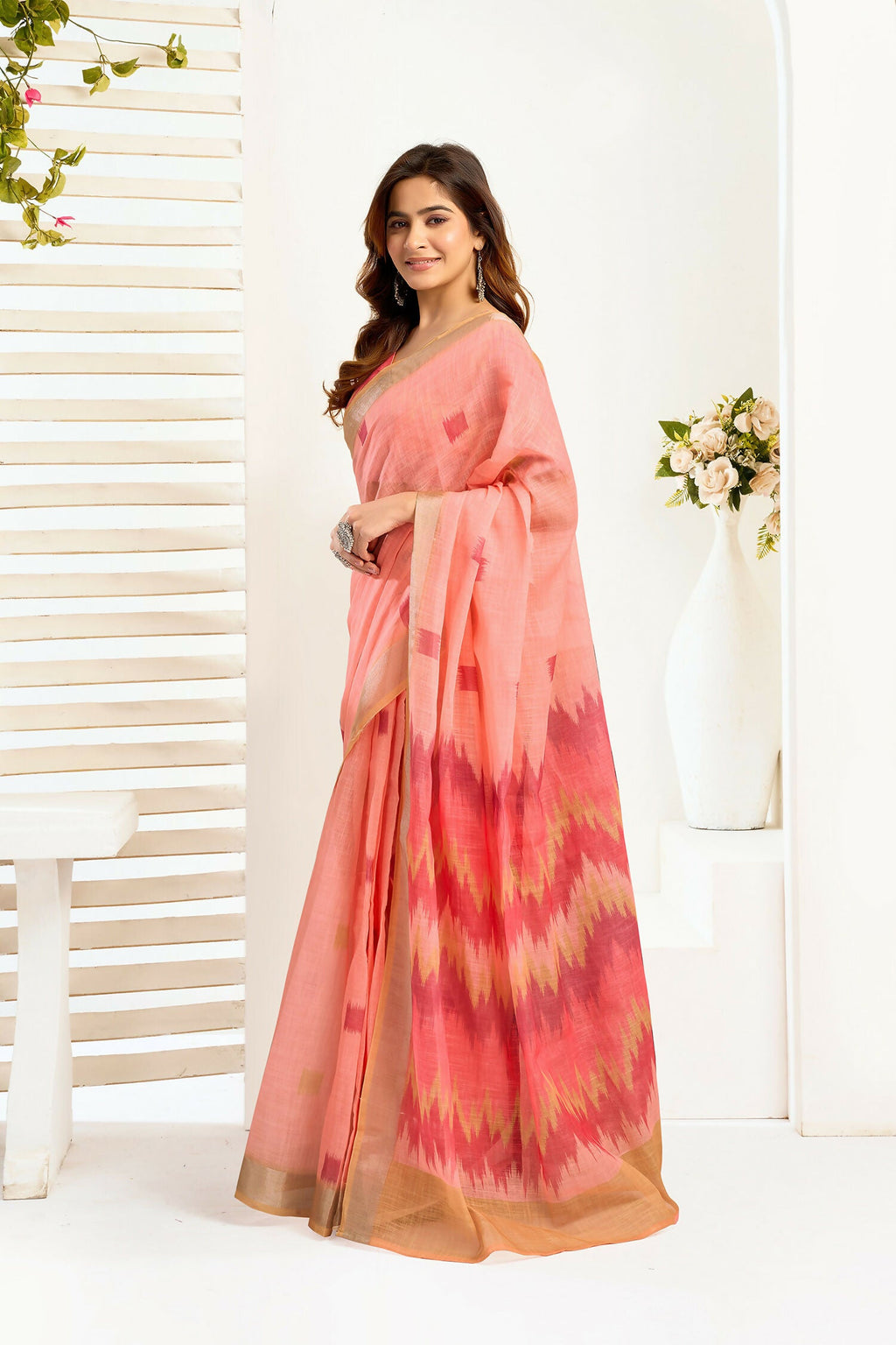 Joban Fashion Peach Ikkat Linen Ready To Wear Saree With Unstitched Blouse | Grocsy
