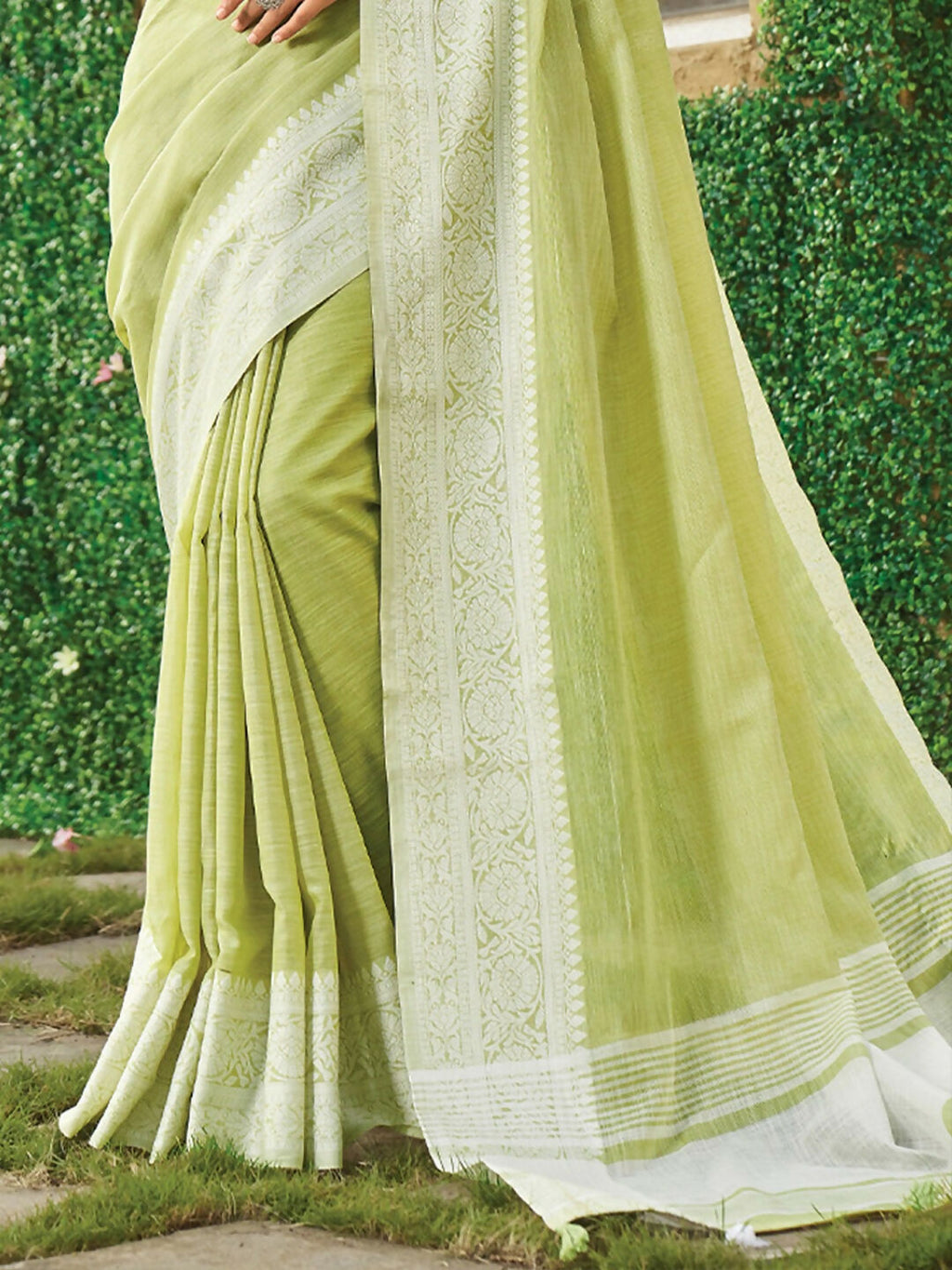 Shree Shyam Fashion Lime Green Linen Saree | Grocsy