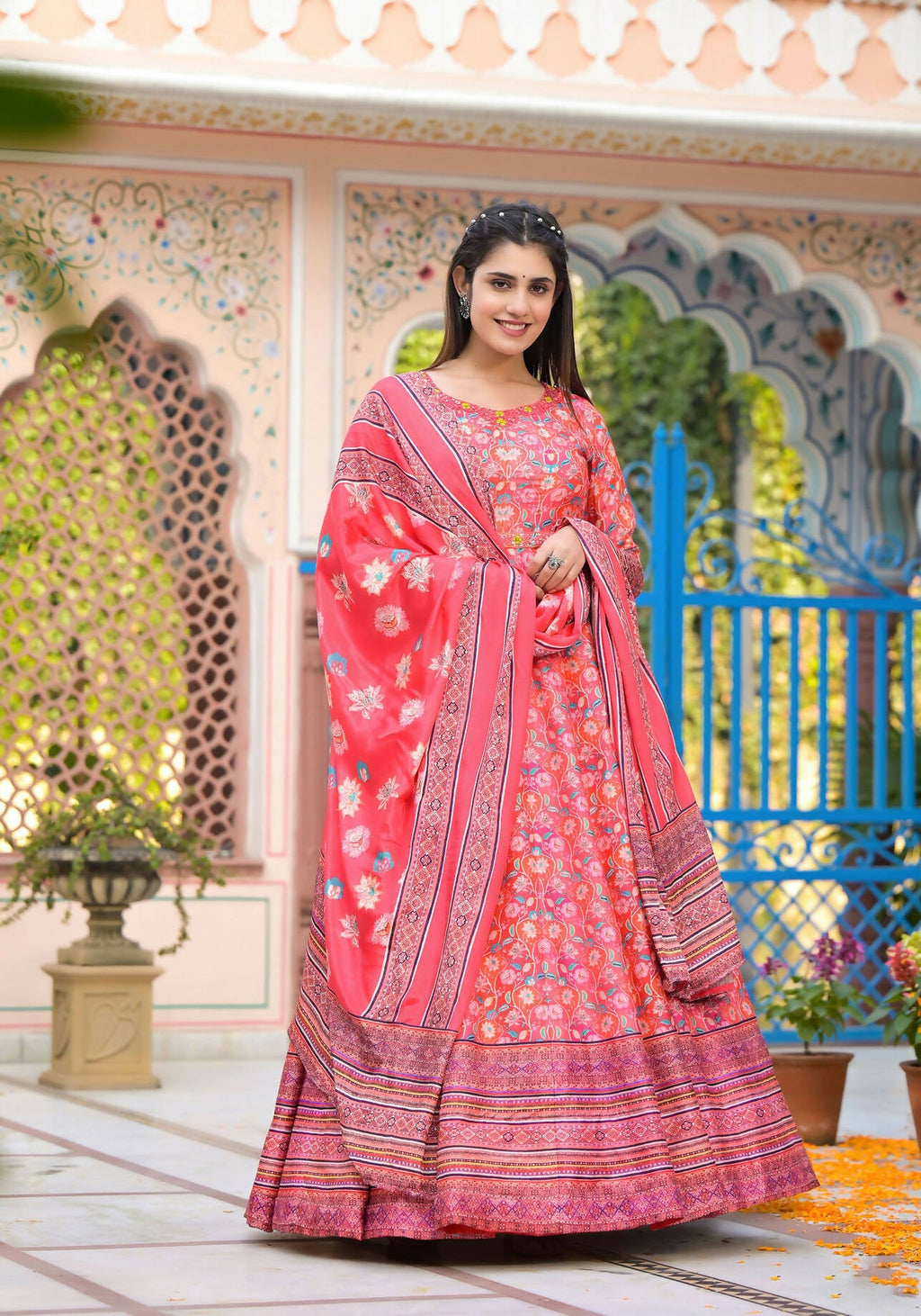 Functional Designer Red-Orange Dola Silk Anarkali suit with Dupatta - Ramya | Grocsy