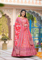 Functional Designer Red-Orange Dola Silk Anarkali suit with Dupatta - Ramya | Grocsy