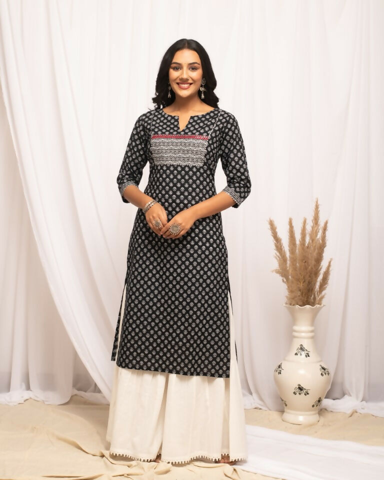 FIORRA Women's Floral Printed Black Cotton Straight Kurta | Grocsy