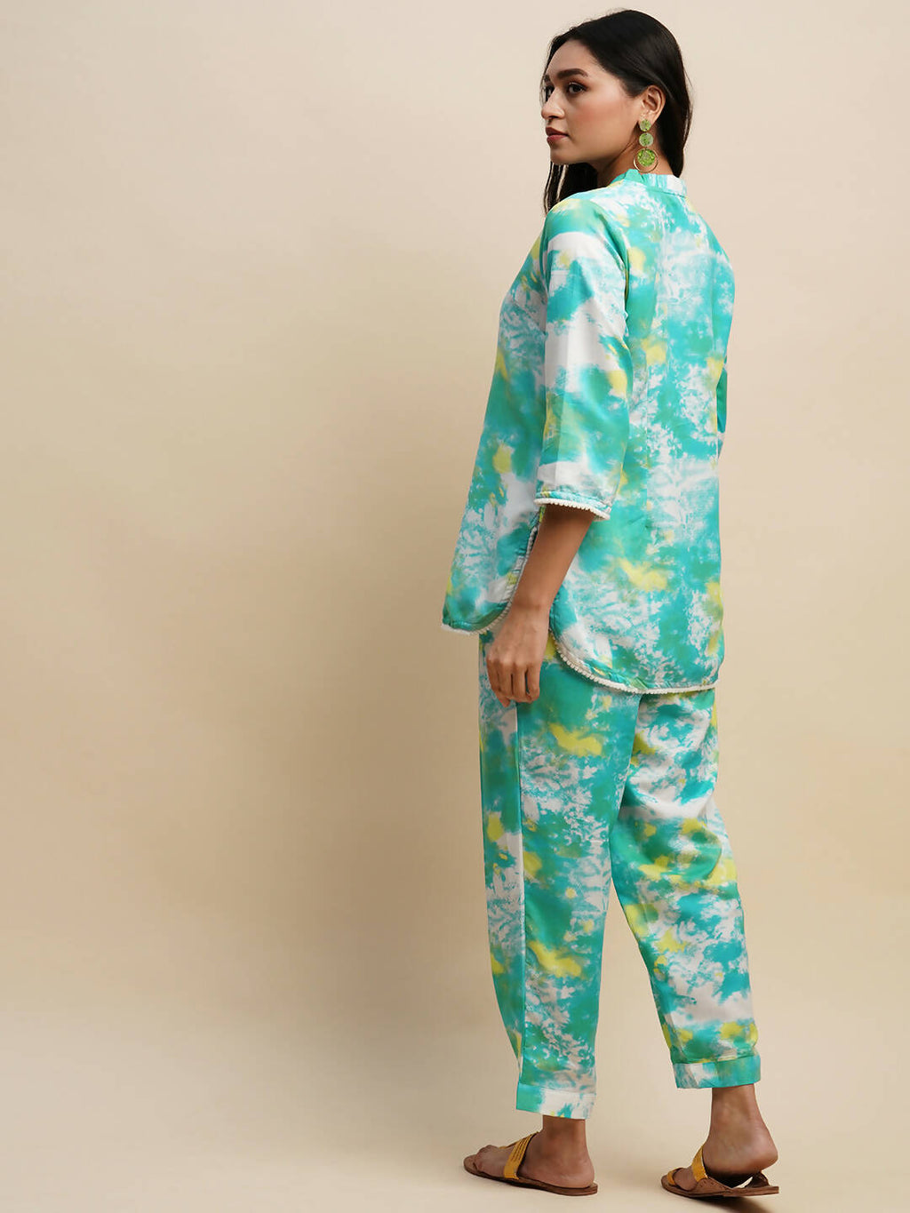 Sky Blue Poly Rayon Tie and dye Printed Top with Matching Trouser - Shivani | Grocsy