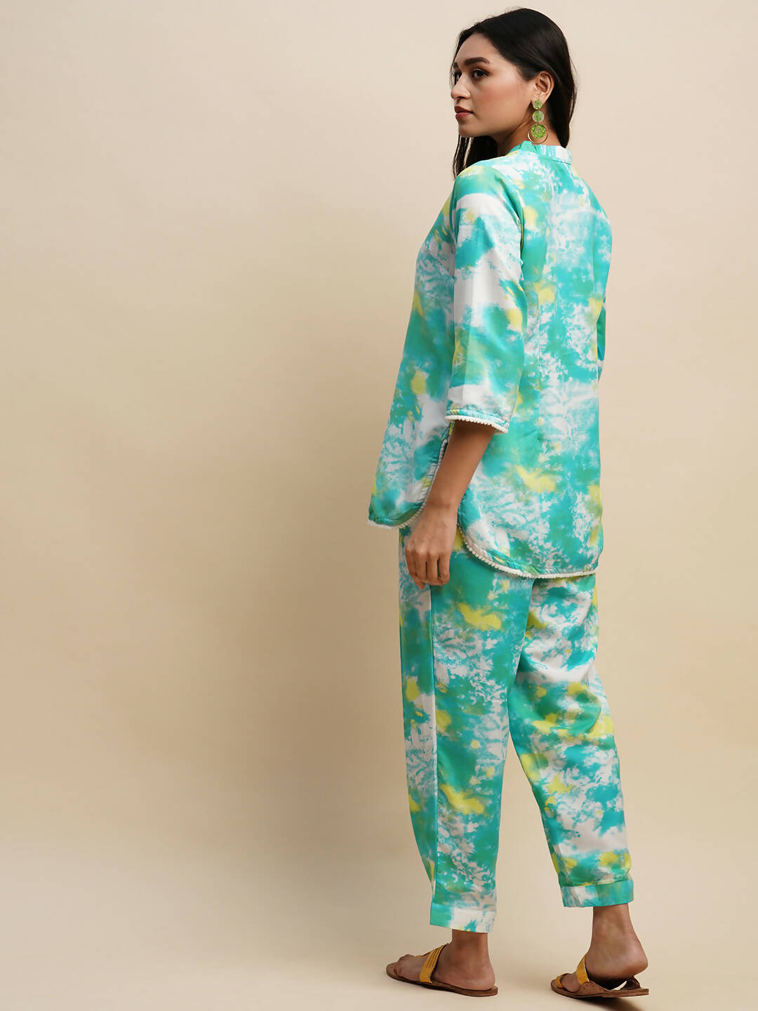 Sky Blue Poly Rayon Tie and dye Printed Top with Matching Trouser - Shivani | Grocsy