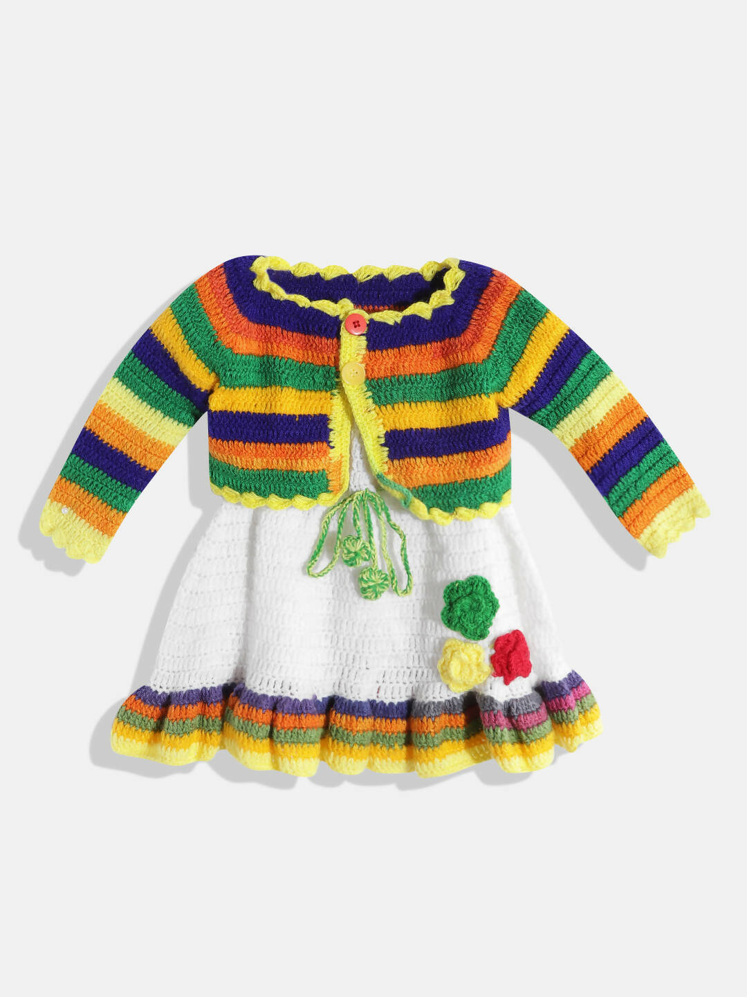 Chutput Kids Woollen Hand Knitted Full Sleeves Cardigan With Short Sleeves Flower Work Dress For Baby Girls - White | Grocsy