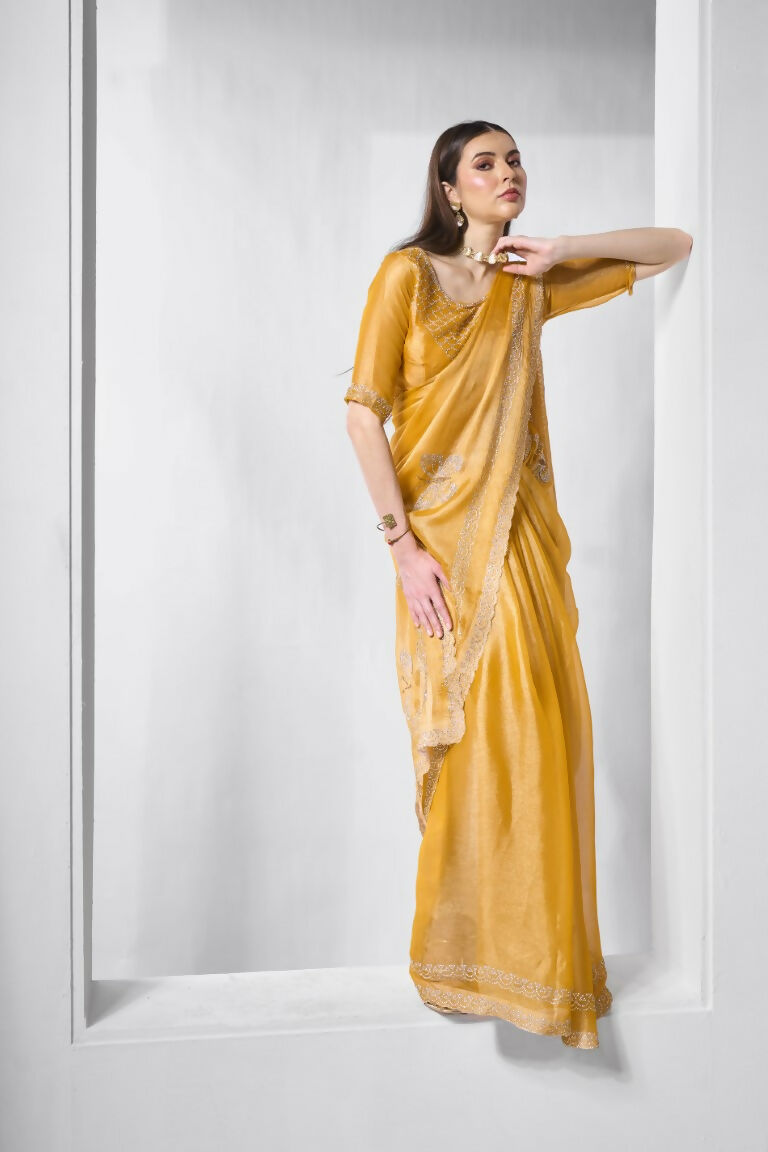 Yellow Burburry silk Swarovski Designer Work Saree - Shezlin | Grocsy