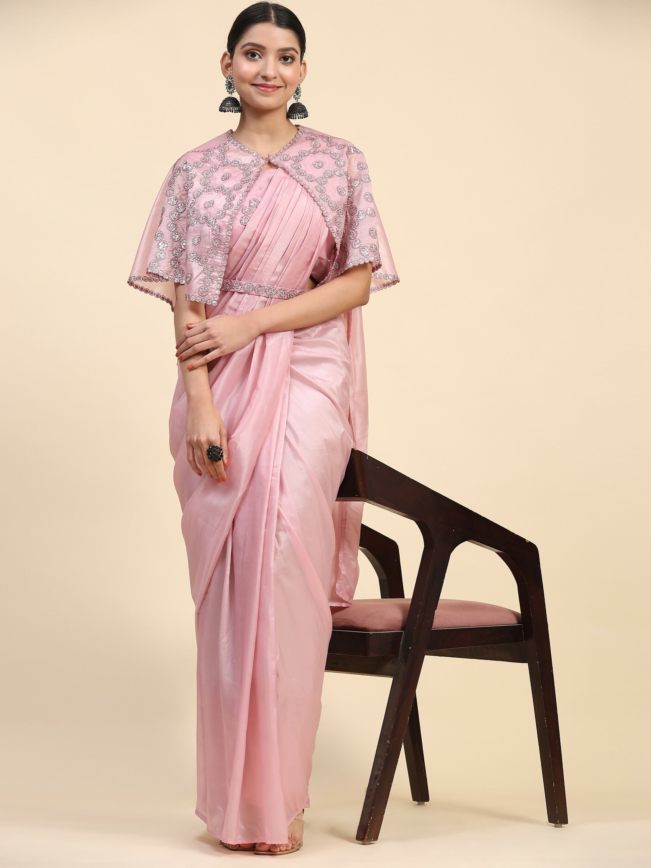 Pink Satin Solid Ready to wear Saree with stitched Blouse - Vanita | Grocsy