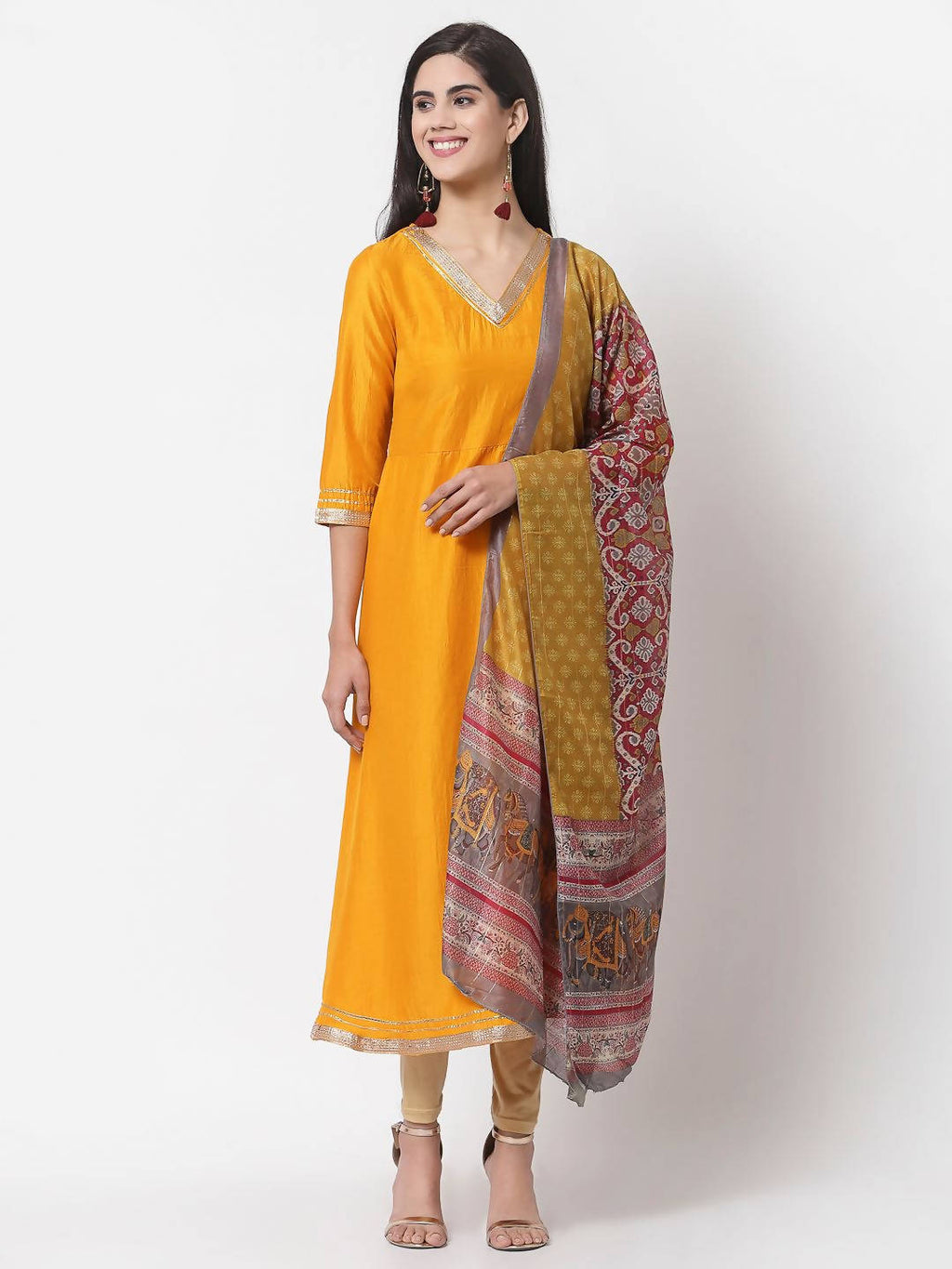 Myshka Yellow Printed Silk Blend 3/4 Sleeve V Neck Casual Kurta Dupatta Set | Grocsy