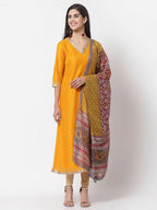 Myshka Yellow Printed Silk Blend 3/4 Sleeve V Neck Casual Kurta Dupatta Set | Grocsy